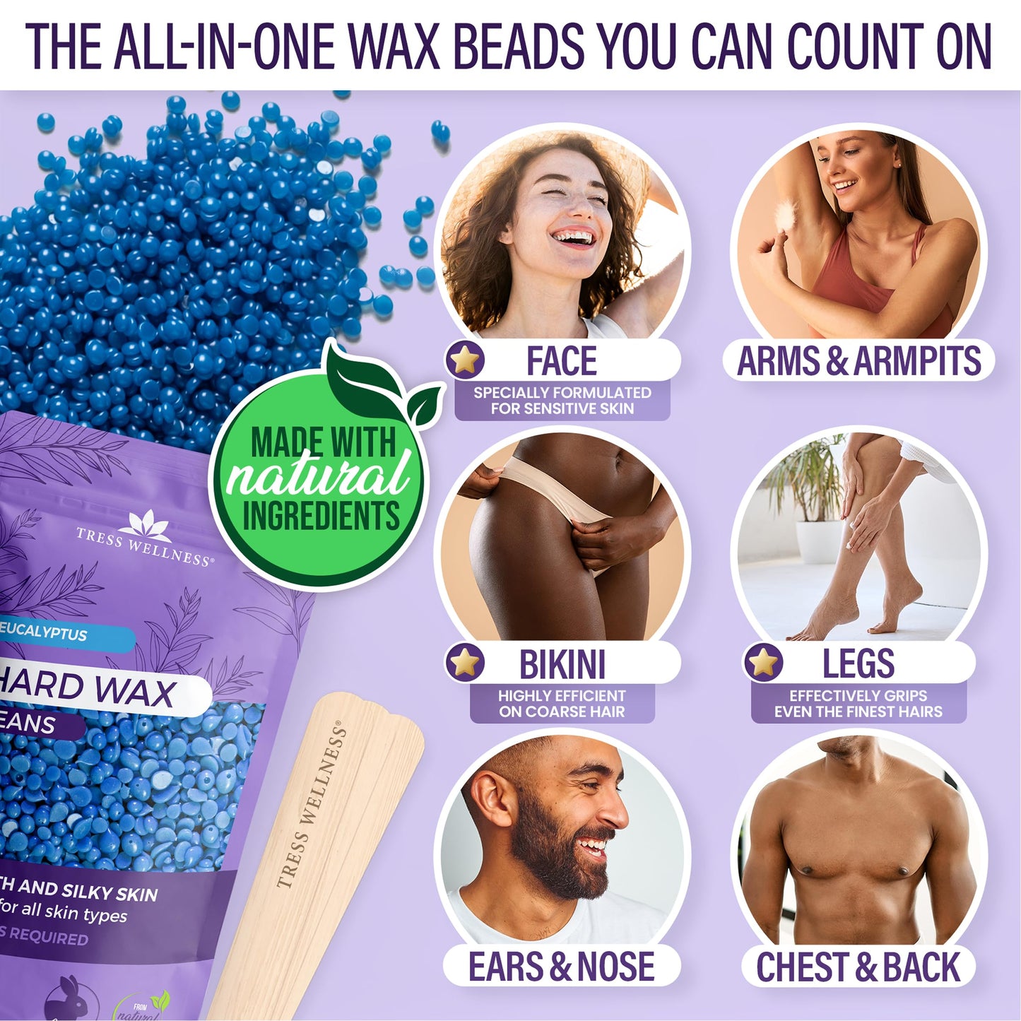 Tress Wellness Award Winning Waxing Kit for Sensitive Skin, Safe for Face & Skin, Easy to Use, At-Home Kit for Face, Bikini, Brazilian & Full Body Beauty and Personal Care Tress Wellness
