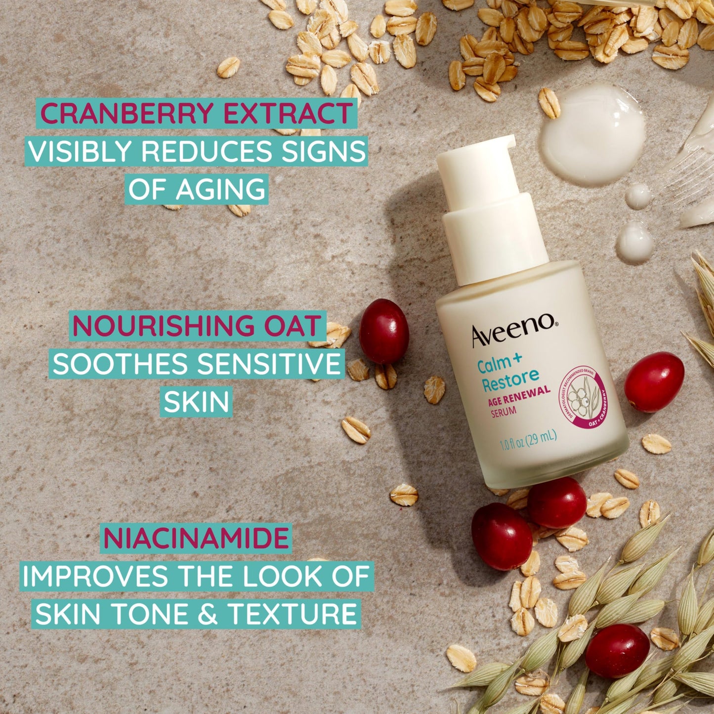 Aveeno Calm + Restore Age Renewal Anti-Wrinkle Face Serum, Anti Aging Serum with Nourishing Oat & Cranberry Extract Visibly Improves the Look of Fine Beauty & Personal Care Aveeno
