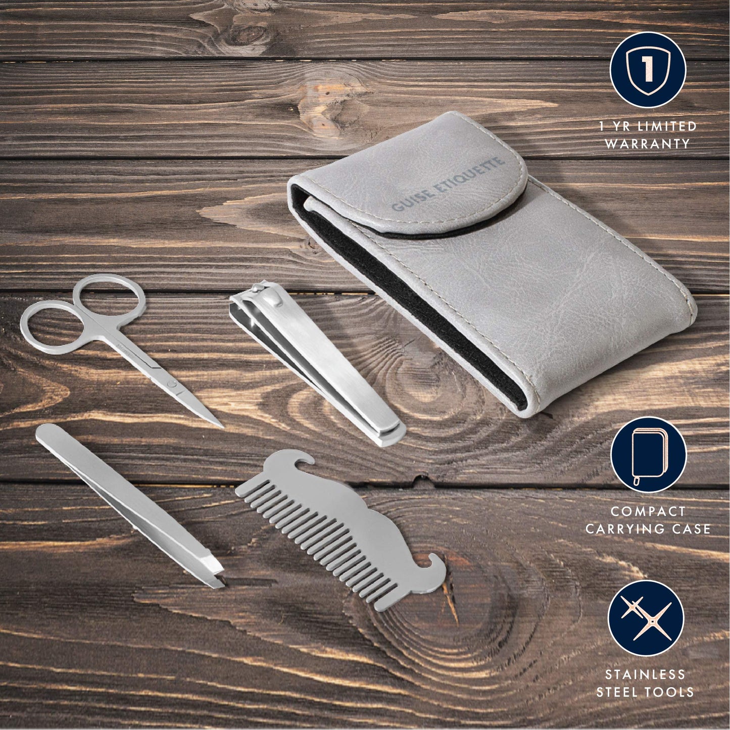 GUISE ETIQUETTE - 5 Piece Personal Travel Kit Set with Carrying Case (K12 Ion Series) - Grooming Kit with Stainless Steel Beard & Mustache Comb, Nail Beauty and Personal Care GUISE ETIQUETTE