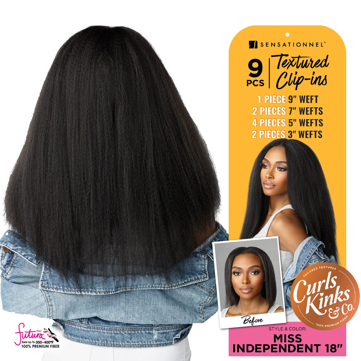 Sensationnel Curls Kinksandco Clip In - Miss Independent 18 Inch 9 Piece Pack Easy to Use Clips for Natural 3C to 4C Hair (1 JETBLACK)