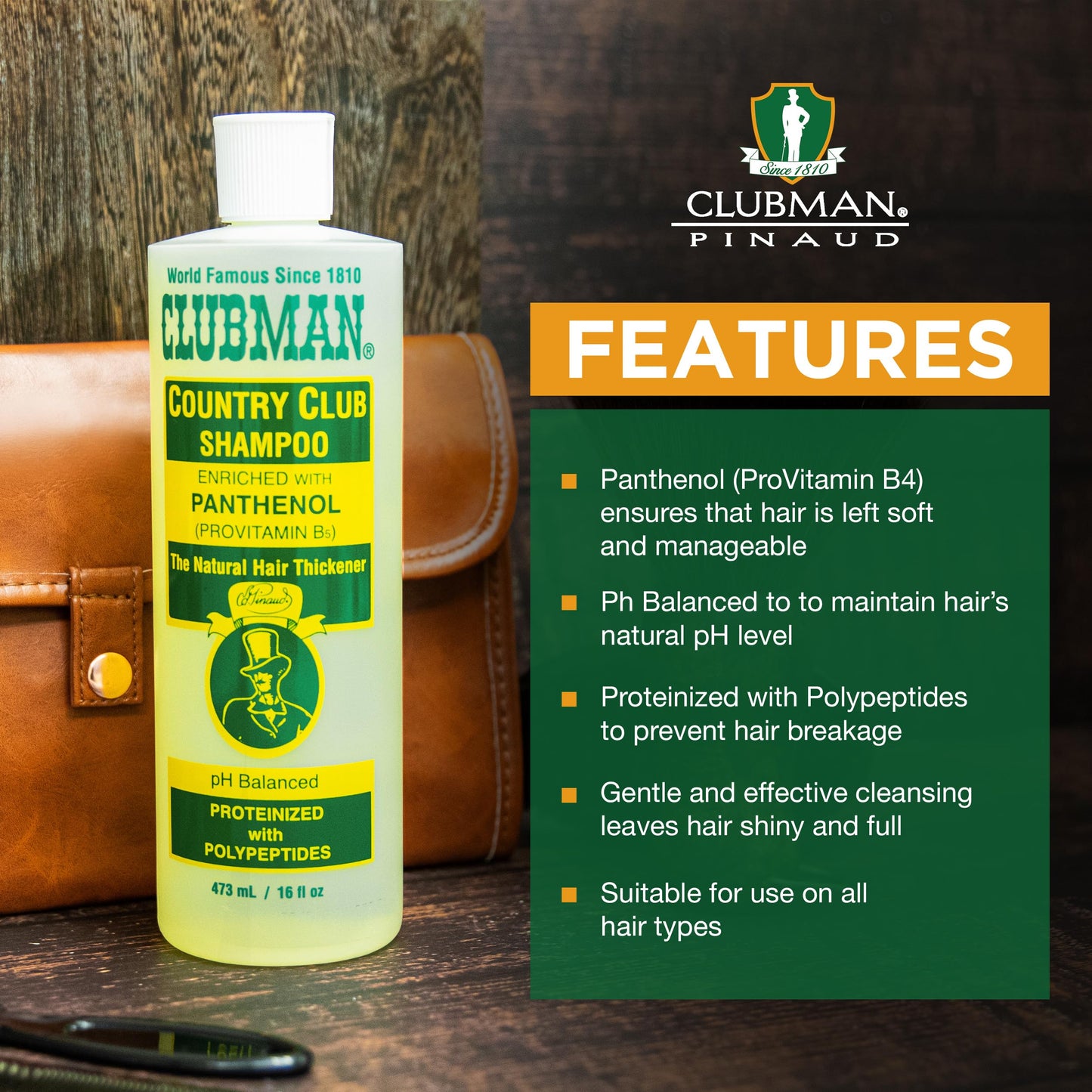 Clubman Country Club Shampoo - pH Balanced, Enriched with Panthenol for Thicker Hair, Natural Hair Thickener for Men, 16 oz Pack of 2 Beauty & Personal Care Clubman