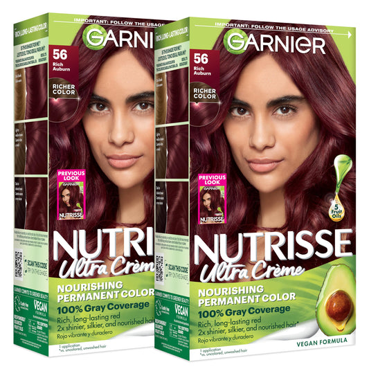 Garnier Nutrisse Ultra Crème Hair Color, Permanent Hair Dye with 100% Gray Coverage, Vegan & Cruelty-Free, 56 Rich Auburn (Sangria), 2 Count