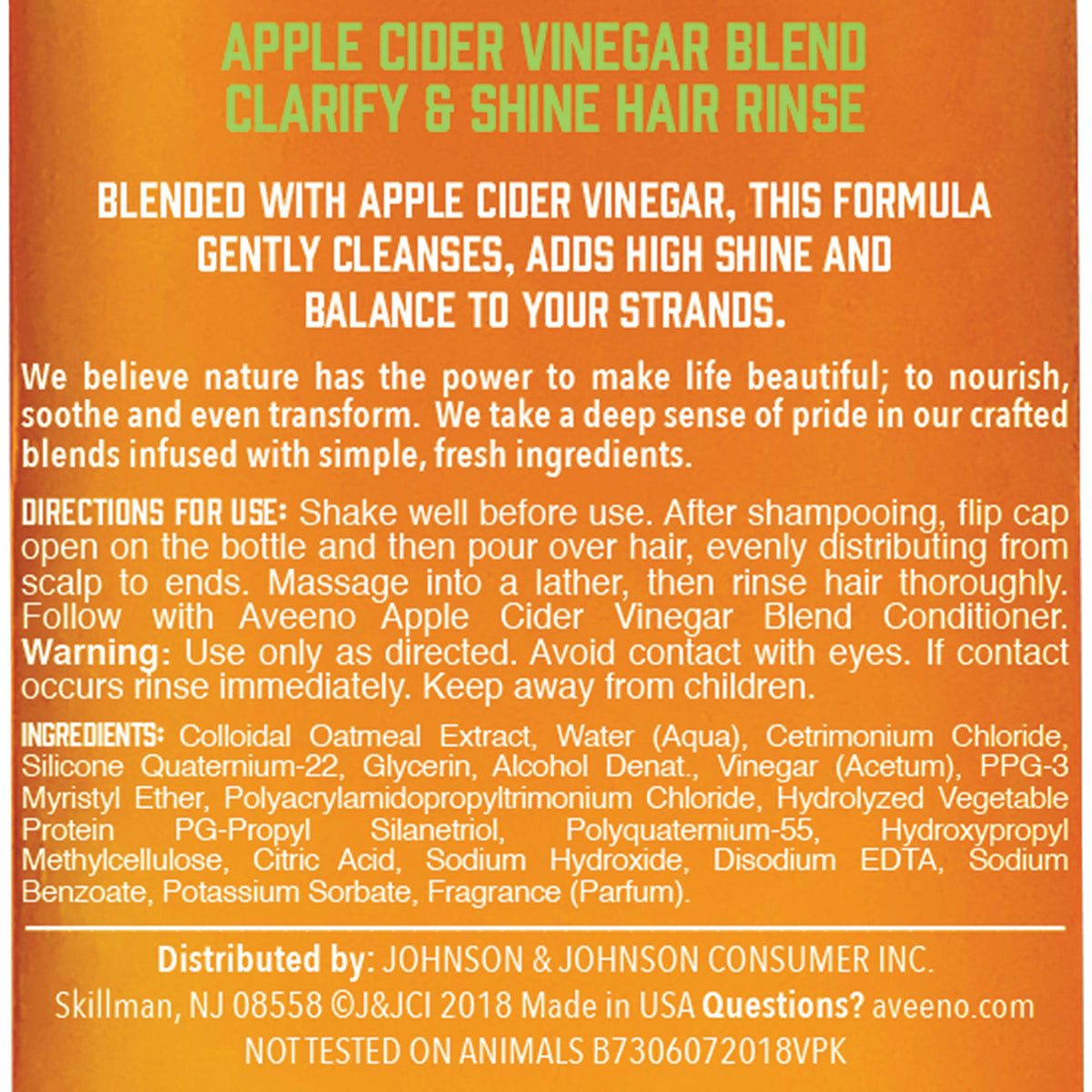 Aveeno Apple Cider Vinegar Clarifying In-Shower Rinse for Balanced, Shiny Hair - Sulfate-Free, pH-Balancing Treatment for Oily or Dull Hair, Paraben &
