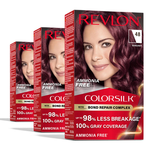 Revlon ColorSilk with Bond Repair Complex, Burgundy Permanent Hair Color, 100% Gray Coverage, Ammonia Free Hair Dye, Vegan Keratin, 48 Burgundy (Pack Beauty & Personal Care REVLON