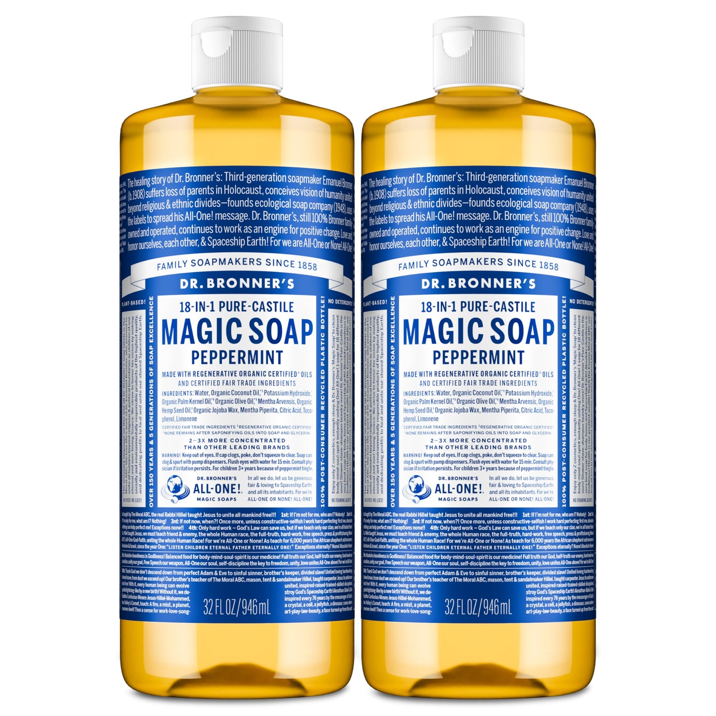Dr. Bronner's Pure-Castile Magic Liquid Soap- Made with Regenerative Organic Oils- For Body, Face, Hair, Dishes, Pets, Laundry Natural, Vegan, Non-GMO Beauty & Personal Care Dr. Bronner's