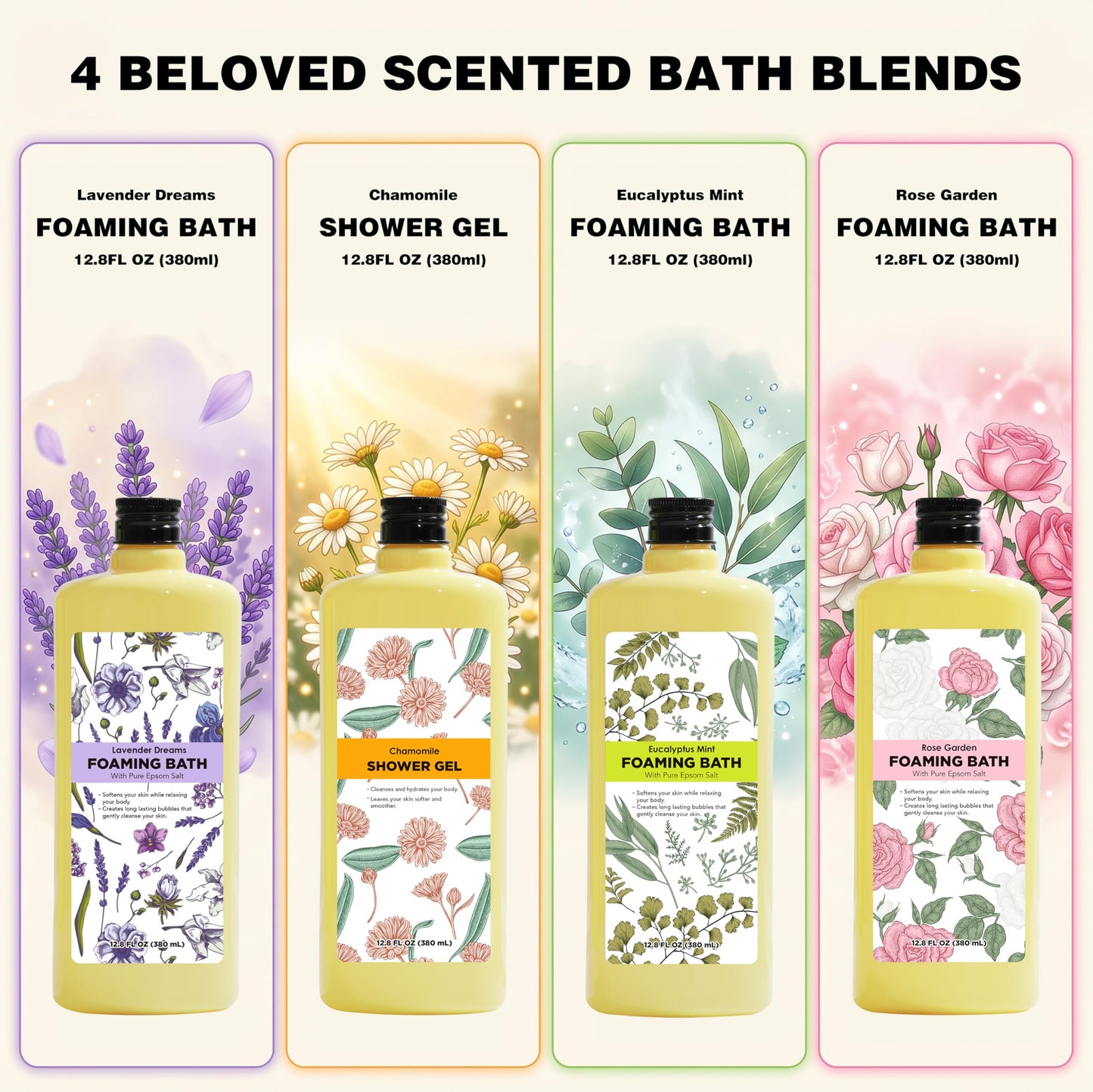 Serenity Sanctuary Bubble Bath for Women, Scented Gift Set for Adults, 51.2 fl oz (Pack of 4), with Shower Gel, Ladies Foaming Bath Variety, Mother's Beauty and Personal Care Serenity Sanctuary
