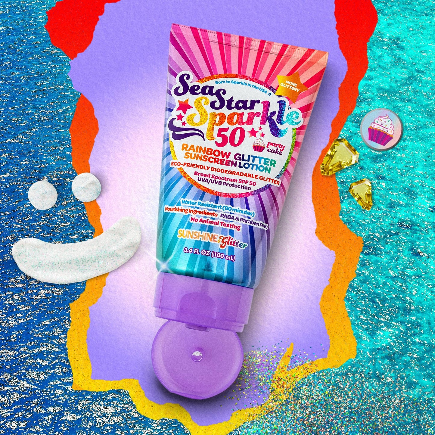 Seastar Sparkle - Rainbow Party Cake Scented Glitter Sunscreen - SPF 50 - Biodegradable Sunscreen, Kids, Water Resistant, Glitter lotion, Cruelty Beauty & Personal Care Sunshine & Glitter