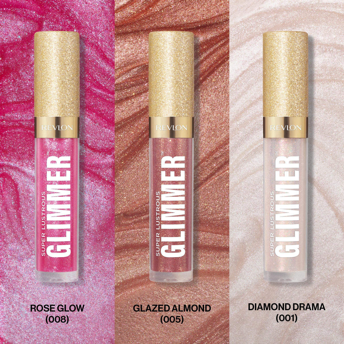 REVLON Super Lustrous Glimmer Gloss Gift Set, 3-Piece, Non-Sticky Lip Makeup, Plant-Based Glitter, High-Shine Finish, 008 Rose Glow, 005 Glazed Almond Beauty & Personal Care REVLON