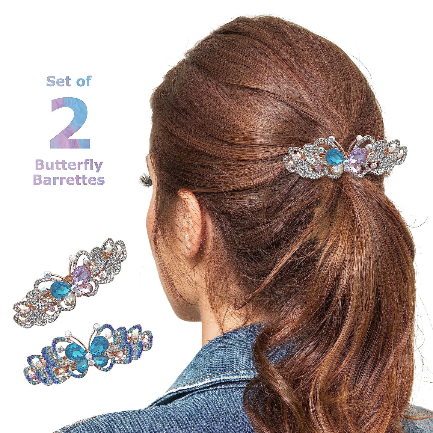 Rhinestone Crystal Barrettes - Set of 2 - Jeweled Butterfly Hair Clips - 1 with Blue Crystals and 1 with Mulit-Colored Crystals - Rose Gold Tone Metal Beauty & Personal Care BANBERRY DESIGNS