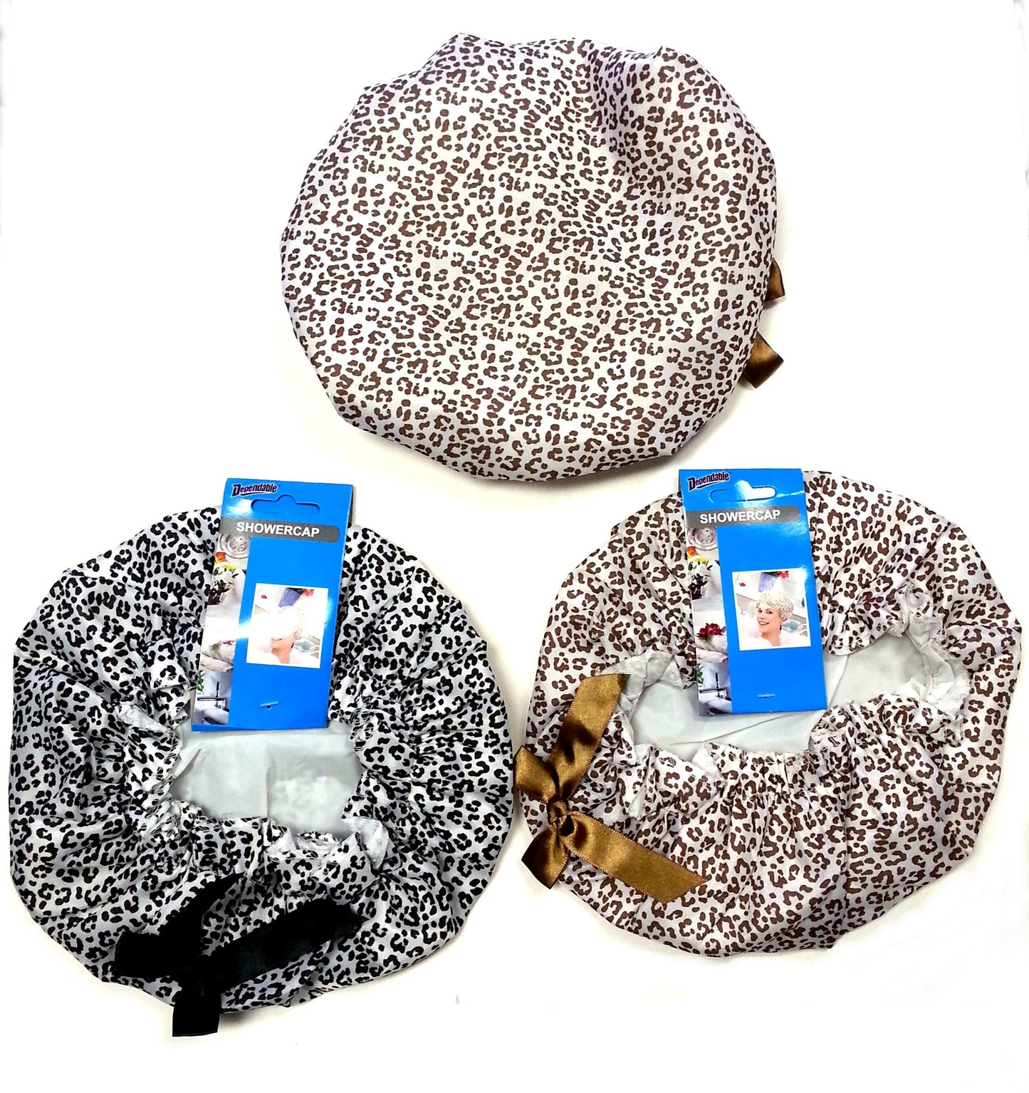 3 Pack Premium Lined Shower Cap Black and Brown Leopard Zebra Prints with Bow Beauty and Personal Care DINY Home & Style