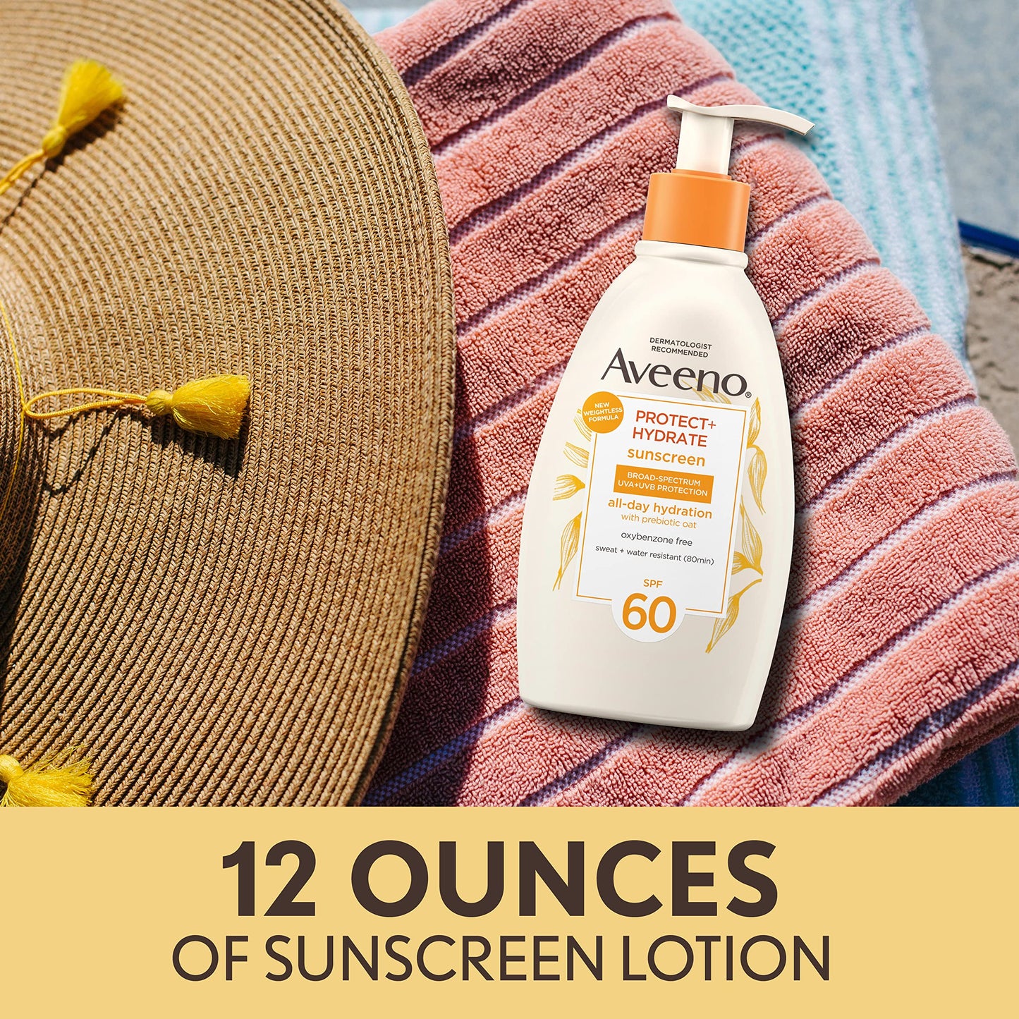 Aveeno Protect + Hydrate Sunscreen Moisturizing Lotion with Prebiotic Oat, Broad Spectrum SPF60, Paraben, & Oil Free, Weightless, Water & Sweat Beauty & Personal Care Aveeno