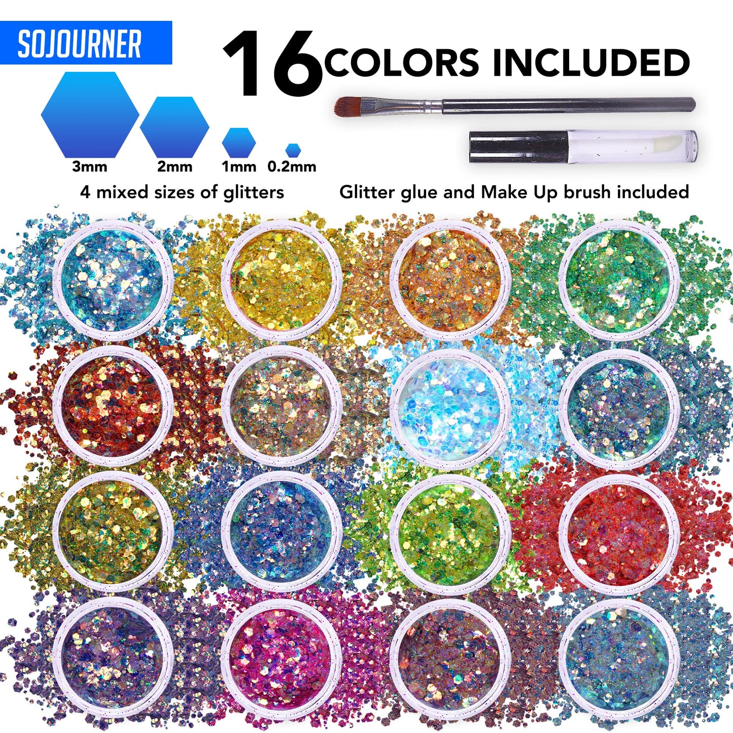 Body Glitter Set for Face & Hair - 16 Colors Fairy Tears Chunky Holographic Festival Glitter Makeup with Glue - Rave, Concert, Euphoria Looks Beauty & Personal Care SoJourner Bags