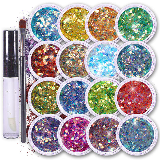 Body Glitter Set for Face & Hair - 16 Colors Fairy Tears Chunky Holographic Festival Glitter Makeup with Glue - Rave, Concert, Euphoria Looks Beauty & Personal Care SoJourner Bags