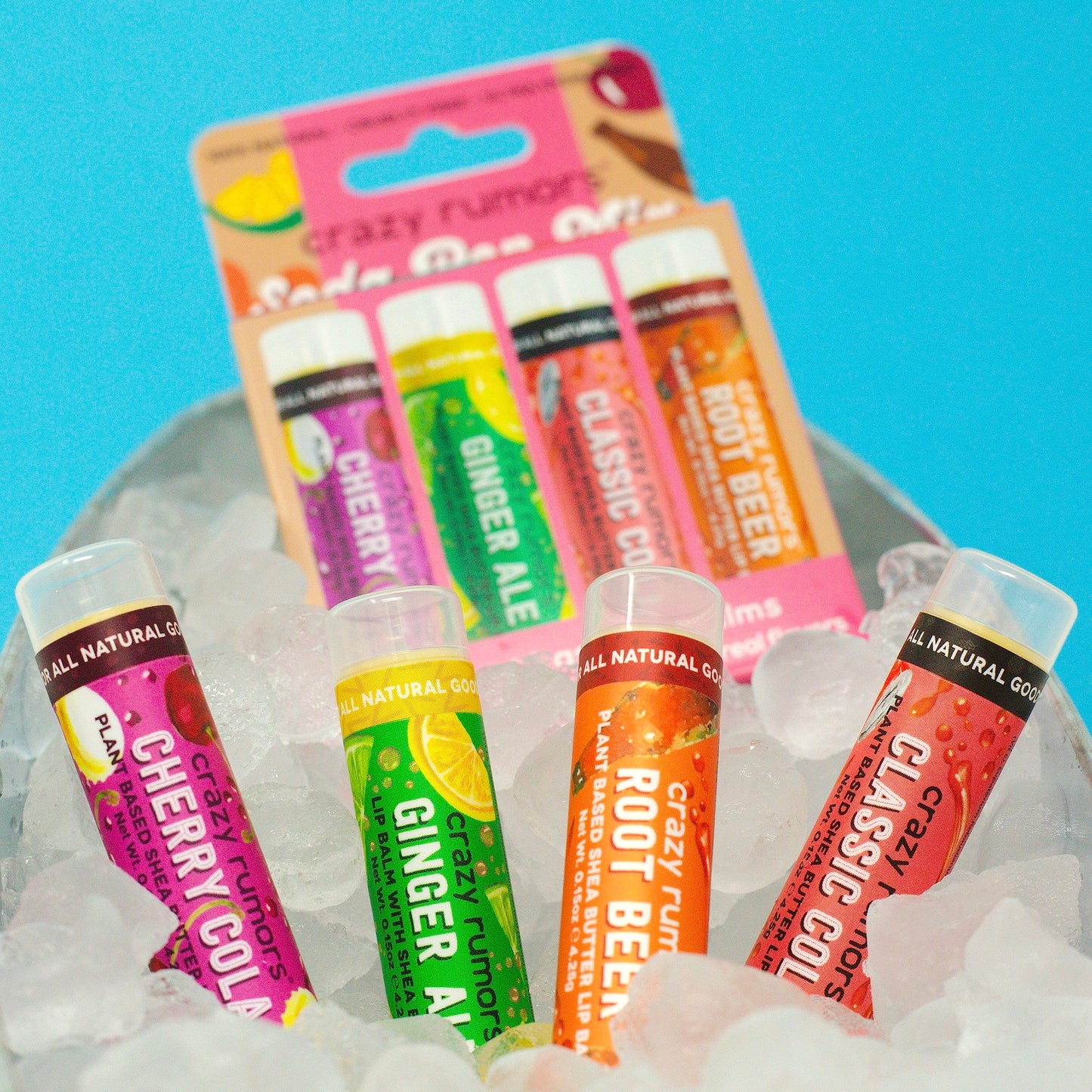 Crazy Rumors Soda Pop Mix Lip Balm 4-Pack Mix (Cherry Cola, Ginger Ale, Classic Cola, Root Beer) 100% Natural, Vegan, Plant-Based, Made in USA Beauty & Personal Care Crazy Rumors