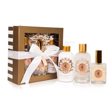 Shelley Kyle Tiramani Complete Gift Set, Includes Hydrating Body Lotion, Perfume, and Foaming Bath Gel, Packaged in Beautiful Cream and Gold Gift Box with Ribbon