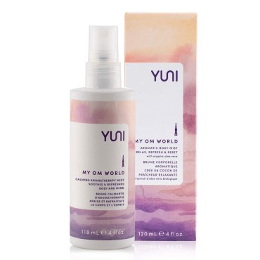 YUNI Beauty Calming Body Mist (4oz) My OM World - Natural Aromatic Oils - Relaxing Stress Relief - Promotes Focus & Clarity - All Natural, Paraben-Free, Cruelty-Free
