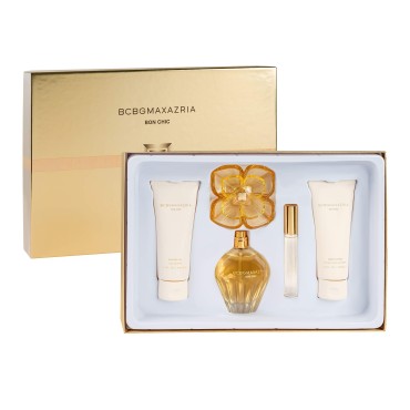 BCBGMAXAZRIA Bon Chic 4 Piece Fragrance Giftset for Women - (3.4oz/100ml EDP Perfume + 3.4oz/100ml Body Lotion + 3.4oz/100ml Shower Gel + 10ml EDP Rollerball)