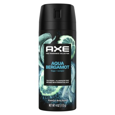 Axe Fine Fragrance Collection Premium Deodorant Body Spray for Men Aqua Bergamot with 72H Odor Protection and Freshness Infused with Aqua, Bergamot, and Sage Essential Oils 4 oz