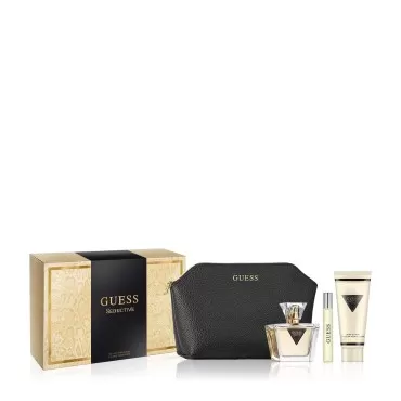 GUESS Seductive Women/Femme Eau de Toilette 4 Piece Gift Set - Perfume Spray 2.5 Fl. Oz. Travel Spray 0.5 Fl. Oz., Body Lotion 3.4 Fl. Oz., & Pouch