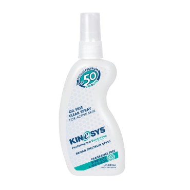 KINeSYS Fragrance Free Clear Spray Sunscreen for sensitive skin, SPF 50, Hypoallergenic, Broad Spectrum UVA/UVB protection for Face & Body; PABA and Oxybenzone FREE, 700+ Sprays, 4 Fl Oz/120 mL