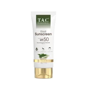 TAC - The Ayurveda Co. Sunscreen SPF50 PA++ for UVA & UVB Sun Protection with Eladi, Triphla & Hemp Seed, Protect & Anti Tan, Sheer Hydration, Clean Feel, Quick Drying & Water-Resistant 80gm