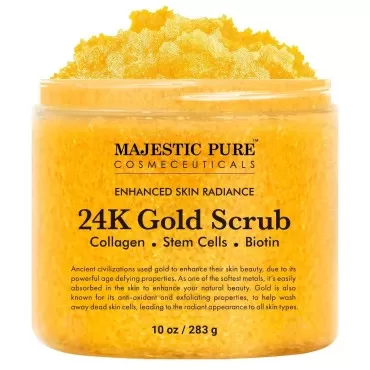 Majestic Pure 24K Gold Scrub - Biotin, Collagen, VitaminE & Stem Cell - Exfoliating Body Scrub, Skin Moisturizer, Pore Cleanser & Body Exfoliator - Natural Skin Care - 24k Scrub For Men & Women - 10oz
