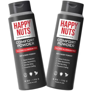 HAPPY NUTS Comfort Powder - Anti Chafing & Deodorant, Aluminum-Free, Sweat and Odor Control for Jock Itch, Groin and Men's Private Parts (6 Ounce (Pack of 2), Unscented)