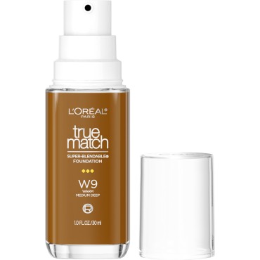 L’Oréal Paris True Match Super-Blendable Foundation, Medium Coverage Liquid Foundation Makeup, W9, Medium Deep, 1 Fl Oz