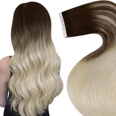 LaaVoo Ombre Tape in Hair Extensions Human Hair 20pcs 50g Real Hair Extensions Tape in Dark Brown Ombre to Platinum Blonde Tape Extensions Human Hair Blonde Seamless 14inch