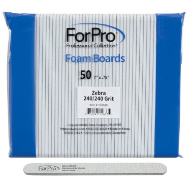 ForPro Zebra Foam Board, 240/240 Grit, Double-Sided Manicure Nail File, 7” L x .75” W, 50-Count