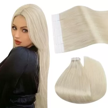 Ugeat Tape in Hair Extensions Blonde Human Hair #60 Platinum Blonde Tape in Extensions Human Hair 20pcs Double Sided Tape in Hair Extensions Seamless Hair Extensions Tape in Remy Hair 16in 50g