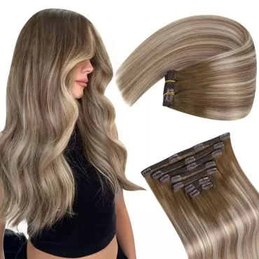 Easyouth Clip in Hair Extensions Real Human Hair Balayage Human Hair Clip in Extensions Dark Brown Fading to Ash Brown Highlighted Blonde Human Hair Clip in Extensions Double Weft 16Inch 7Pcs 120g