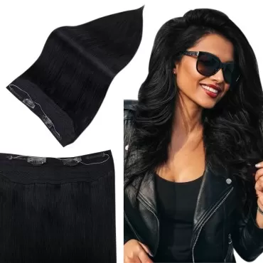 Full Shine Wire Hair Extensions Human Hair Jet Black Invisible Fish Line Real Hair Extensions Black Remy Hair Extensions Hair Piece Straight Wire Real Human Hair Extensions 80g 16Inch