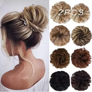 Messy Bun Hair Piece, 2PCS Tousled Updo Hair Extensions Hair Bun HCB001 Daisy Curly Wavy Ponytail Hairpieces Hair Scrunchies with Elastic Rubber Band for Women - Golden Blonde bleach Blonde Highlights