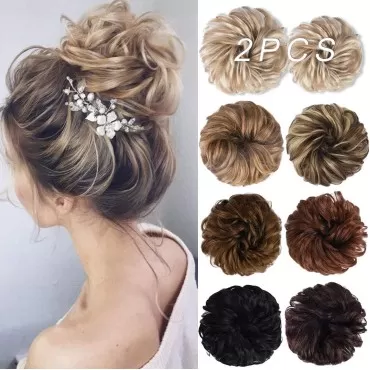Messy Bun Hair Piece, 2PCS Tousled Updo Hair Extensions Hair Bun HCB001 Daisy Curly Wavy Ponytail Hairpieces Hair Scrunchies with Elastic Rubber Band for Women - Honey Blonde bleach Blonde Highlights