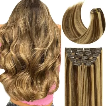Lacerhair Real Human Hair Clip in Extensions 18 Inch Chocolate Brown Lowlight Light Golden Brown P#4/12 Salon Quality Remy Hair Clip in Extensions Silky Straight Hair Pieces 7pcs 120G