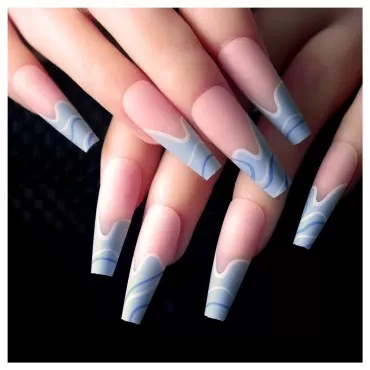 French Tip Press On Nails Long Acrylic Coffin Fake Nails,24pcs Glossy Stick on Nails Blue Marble Square Press on Nails with Designs,Fakes Nails Glue on for Women and Girls