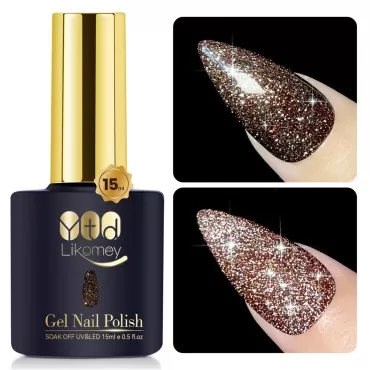 YTD Likomey Reflective Glitter Gel Nail Polish,15ml Galaxy Coffee Brown Flash Diamond Shimmer Gel,Super Sparkly Shiny Manicure UV Gel Varnish