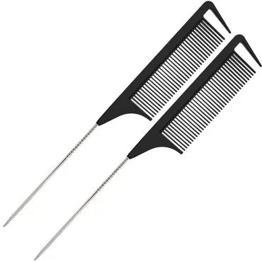 LLTGMV 9.3'' Rat Tail Combs for Hair Stylist, Parting Combs for Braiding hair, Rattail Comb with Metal Stainless Steel Pintail for Sectioning, Teasing, and Styling (Black - 2 Packs)