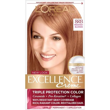 L'Oreal Excellence Triple Protection Color Creme, Level 3 Permanent, Reddish Blonde/Warmer 8RB (Pack of 3)