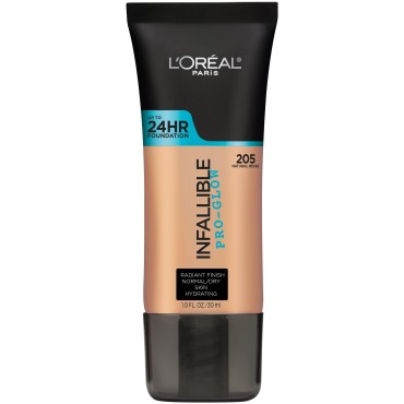 L'Oreal Paris Makeup Infallible Up to 24HR Pro-Glow Foundation, 205 Natural Beige, 1 fl; oz.