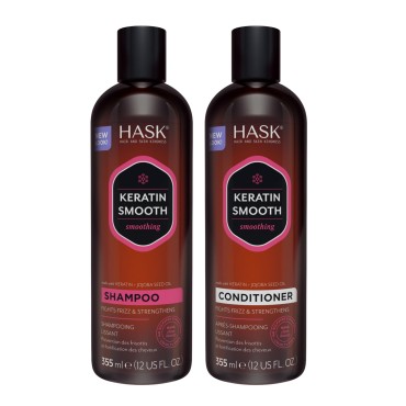 HASK Keratin Smoothing Shampoo + Conditioner Set for All Hair Types, Color Safe, Gluten-Free, Sulfate-Free, Paraben-Free, Cruelty-Free - 1 Shampoo and 1 Conditioner