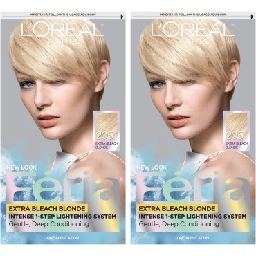 L'Oreal Paris Feria Multi-Faceted Shimmering Permanent Hair Color, 205 Bleach Blonding (Extra Bleach Blonde), Hair Dye Kit, Pack of 2
