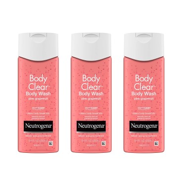 Neutrogena Body Clear Acne Treatment Body Wash with Salicylic Acid Acne Medicine, Pink Grapefruit Body Acne Cleanser to Prevent Breakouts on Back, Chest & Shoulders, 3 x 8.5 fl. oz