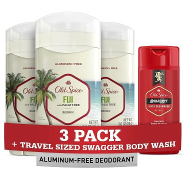 Old Spice Men's Deodorant Aluminum-Free Fiji with Palm Tree, 3oz (Pack of 3) with Travel-Size Swagger Body Wash