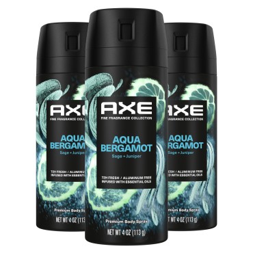 AXE Fine Fragrance Collection Premium Deodorant Body Spray for Men Aqua Bergamot 3 Count with 72H Odor Protection and Freshness Infused with Aqua, Bergamot, and Sage Essential Oils 4 oz