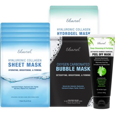 Ebanel Variety Face Mask Skin Care Set - 5 Pack Collagen Hydrating Face Masks, 2 Pack Hydrogel Mask, 2 Pack Carbonated Bubble Clay Detox Mask, and 3.52Oz Charcoal Peel Off Face Mask with Brush