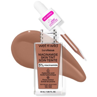 wet n wild Bare Focus Skin Tint, 5% Niacinamide Enriched, Buildable Sheer Lightweight Coverage, Natural Radiant Finish, Hyaluronic & Vitamin Hydration Boost, Cruelty-Free & Vegan - Deep Brown