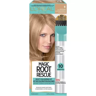 L'Oreal Paris Magic Root Rescue 10 Minute Root Hair Coloring Kit, Permanent Hair Color with Quick Precision Applicator, 100 percent Gray Coverage, 8 Medium Blonde, 1 kit (Packaging May Vary)