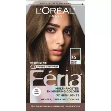 L'Oreal Paris Feria Multi-Faceted Shimmering Permanent Hair Color, 50 Havana Brown (Medium Brown), Pack of 1, Hair Dye